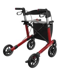 Leopard rollator i rød med 55 cm sædehøjde og SOFT hjul set skråt bagfra
