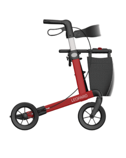 Leopard rollator i rød med 55 cm sædehøjde og SOFT hjul set fra siden