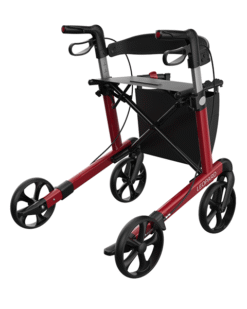 Leopard rollator i rød med 55 cm sædehøjde set skråt bagfra