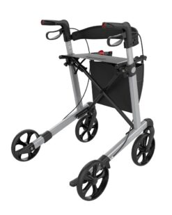 Leopard rollator i platin sølvfarvet med 62 cm sædehøjde set bagfra
