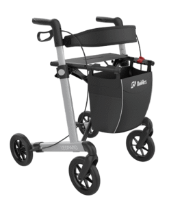 Leopard rollator i platin sølvfarvet med 62 cm sædehøjde og SOFT hjul