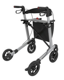 Leopard rollator i platin sølvfarvet med 62 cm sædehøjde og SOFT hjul set bagfra